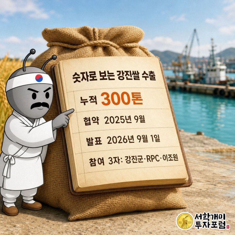 쌀가마니 위 장부를 손가락으로 짚으며 누적 수출량과 협약 날짜 등 핵심 수치를 확인하는 그림