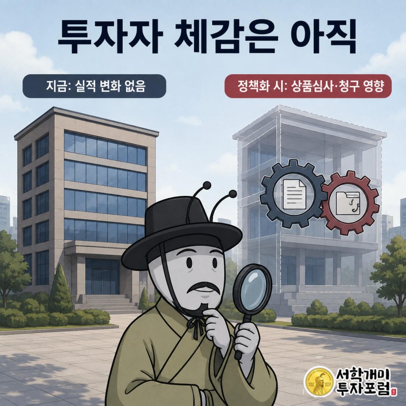 서민개미가 돋보기로 조용한 보험사 건물과 톱니바퀴가 도는 보험사 건물을 번갈아 살피며 비교하는 장면