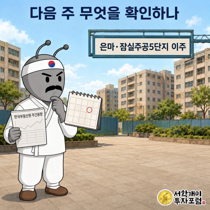 부동산원 주간동향 서류와 달력을 든 채 재건축 이주 표지판을 신중하게 바라보는 양반개미