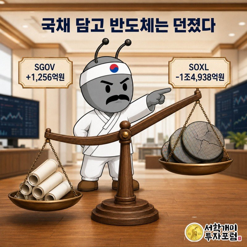국채증서 다발과 무너지는 반도체 웨이퍼 더미가 놓인 저울이 국채 쪽으로 기우는 그림