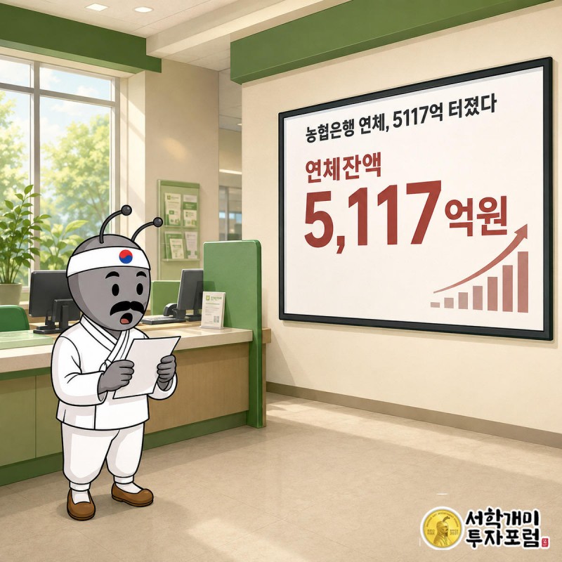 NH농협은행 창구에서 서민개미가 연체 통지서를 든 채 벽면 화면의 급등하는 빨간 그래프를 올려다보며 낭패한 표정을 짓는 모습