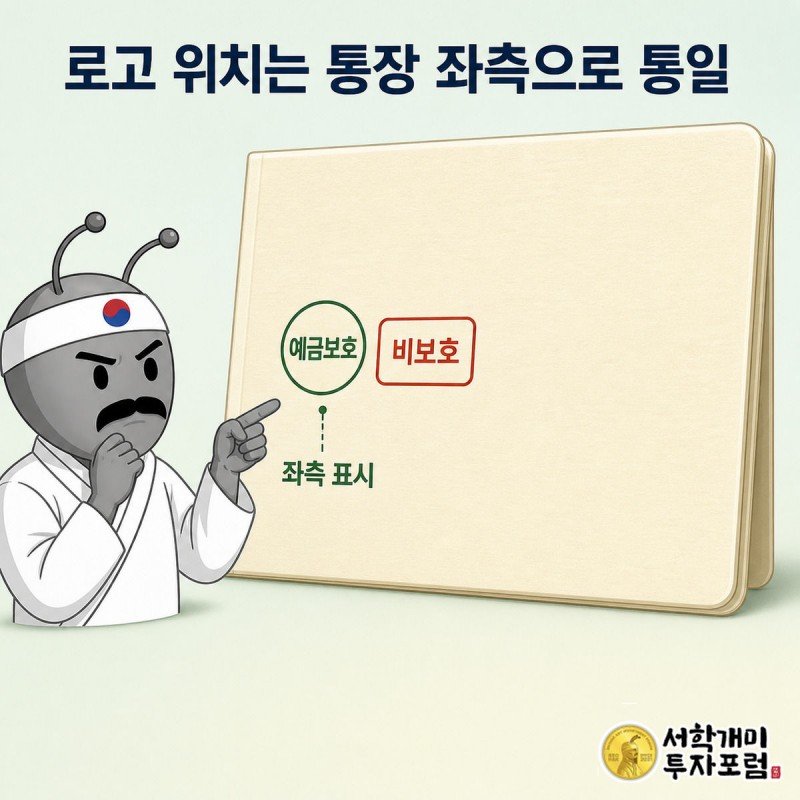 통장 표지 좌측에 나란히 찍힌 초록 예금보호 스탬프와 빨강 비보호 스탬프를 서민개미가 가리키는 모습