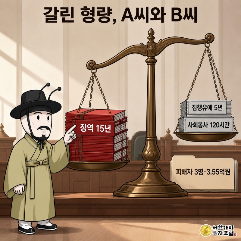 법정을 좌우로 나눠 왼쪽엔 징역 15년을 선고받은 A씨, 오른쪽엔 집행유예를 받은 B씨를 대비해 그린 인포그래픽.