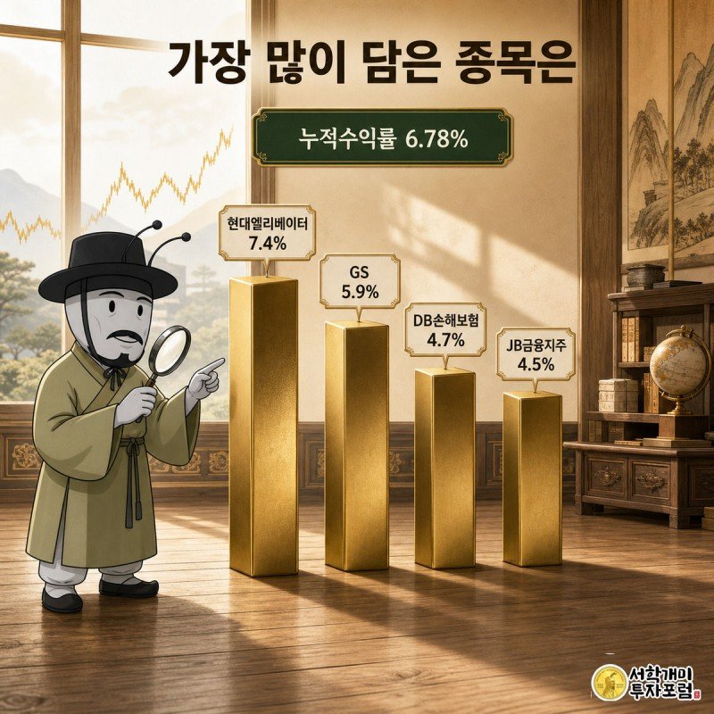 개미 캐릭터가 돋보기로 현대엘리베이터·GS 등 편입 종목 비중 막대 그래프를 비교하는 그림
