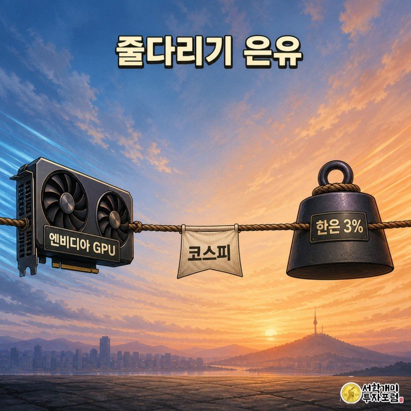 기준금리 3% 인상에 코스피 급등분 반납 — 오전 한나절에 생긴 일 — 엔비디아 GPU와 한은 3% 사이 코스피 줄다리기
