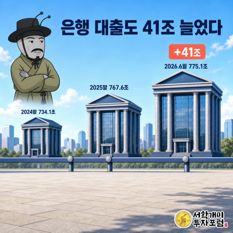 규제 속에서도 점점 커지는 은행 건물 세 개를 개미가 의심스러운 표정으로 올려다보는 그림