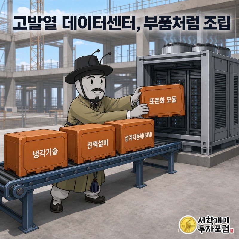 컨베이어 위 여러 기술 라벨이 붙은 모듈 블록을 개미가 맞춰 끼워 완성하는 삽화