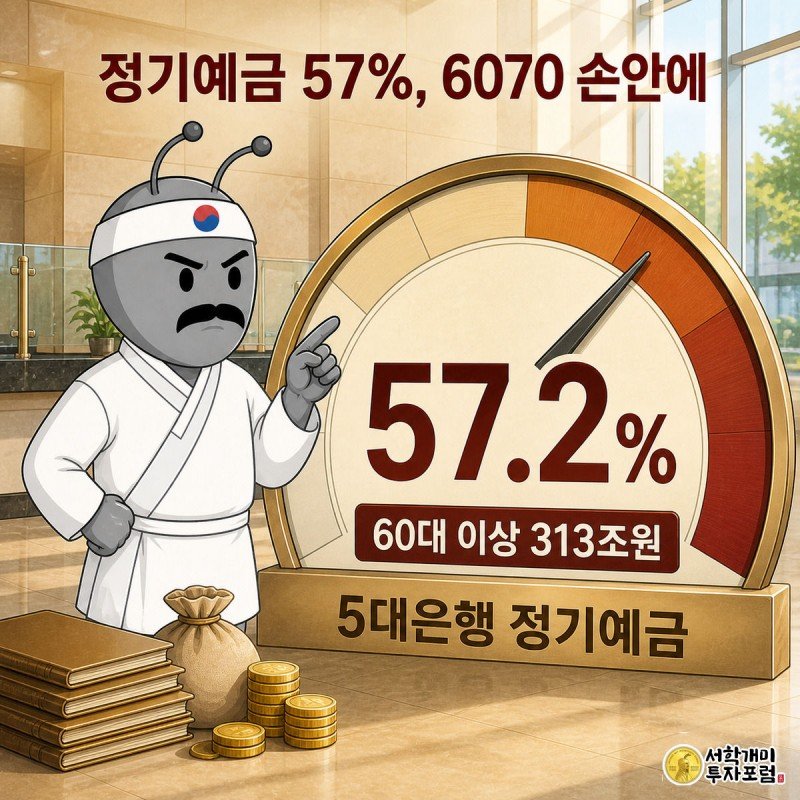 은행 창구에서 시니어 개미가 정기예금 비중 게이지 바늘이 60대 이상 구간을 가리키는 것을 흐뭇하게 바라보고, 옆에서 젊은 개미들이 홀쭉해진 저금통을 안고 당황해하는 모습