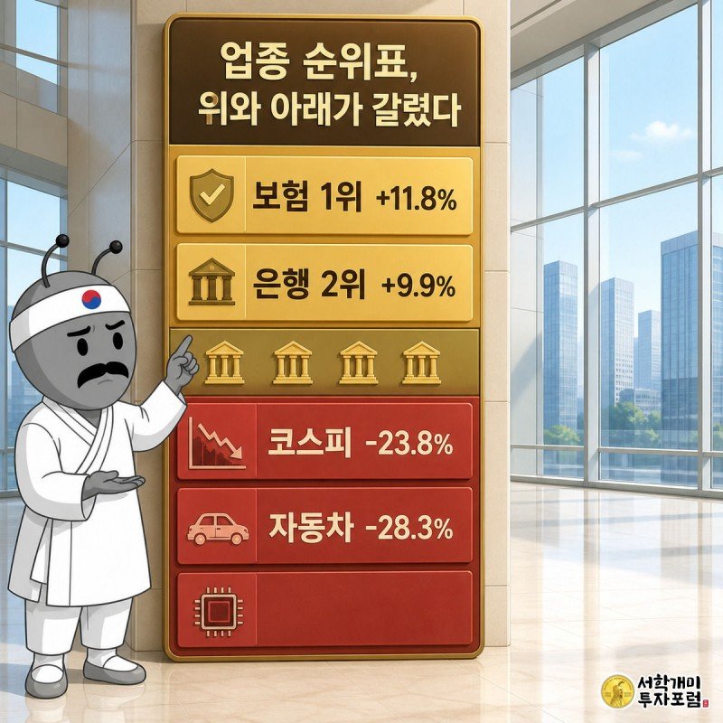 금빛으로 빛나는 보험·은행 순위 막대와 붉게 가라앉은 코스피·자동차 막대가 함께 있는 순위판을 개미가 갸웃하며 살펴보는 모습