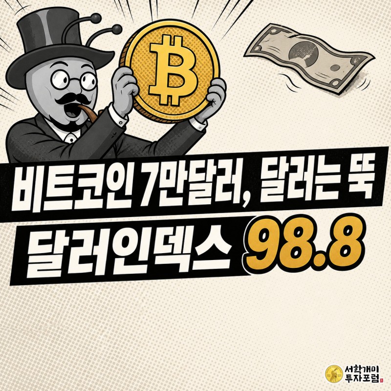 거대한 금색 비트코인 동전을 들어올리며 놀란 표정을 짓는 개미 캐릭터와 뒤편에 쭈글쭈글해진 달러 지폐를 그린 코믹 스타일 커버 이미지