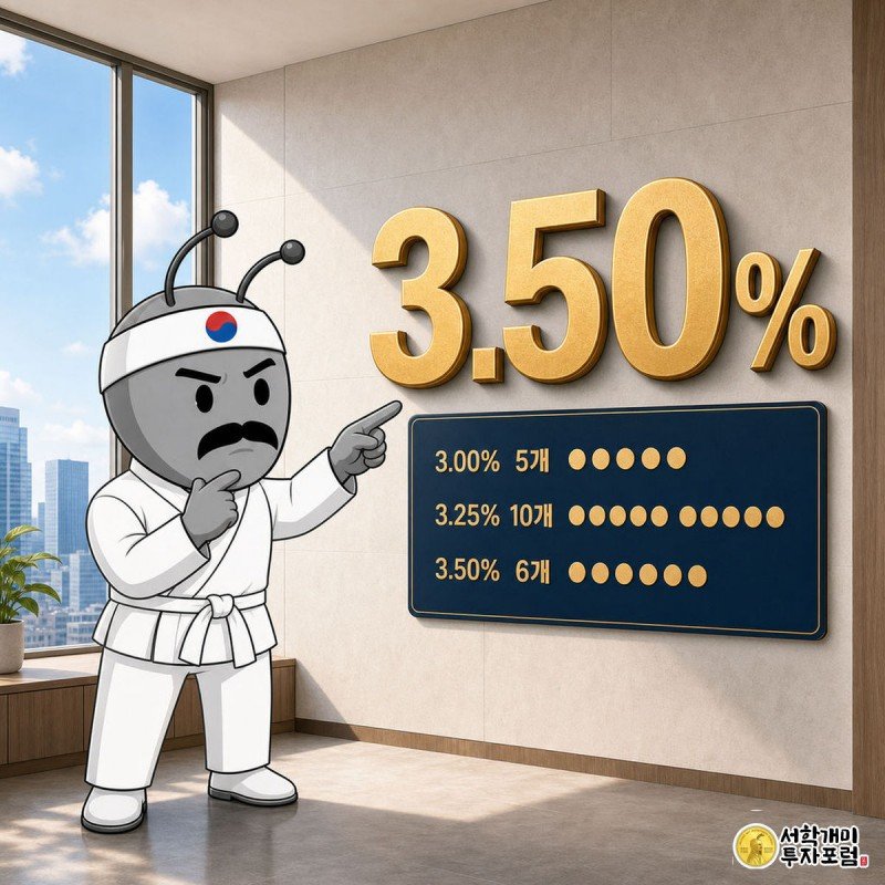 금통위 점도표 보는 법 — 5월과 8월 비교표로 30초 정리 — 지배: 대형 「3.50%」 숫자 + 그 옆에 소형 점도표 보드(실제 분포) — 64px에서는 숫자가 지배, 본문 크기에서 보드가 읽힘