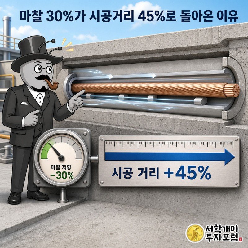 서민개미가 마찰 게이지와 시공거리 눈금자를 가리키며 놀라는 모습