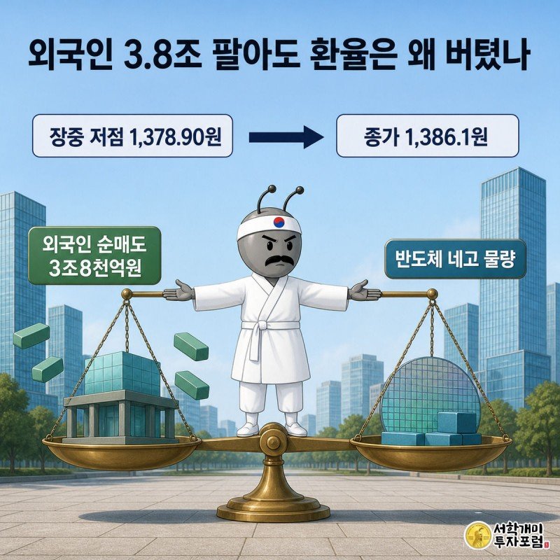 저울 위에서 외국인 순매도와 반도체 달러 매도 물량 사이 균형을 잡으려 애쓰는 개미 일러스트