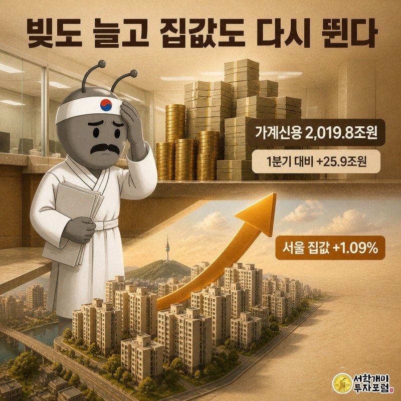 가계신용이 쌓인 동전탑과 서울 아파트 단지 위 상승 화살표 사이에서 개미가 대출 서류를 들고 난감해하는 모습