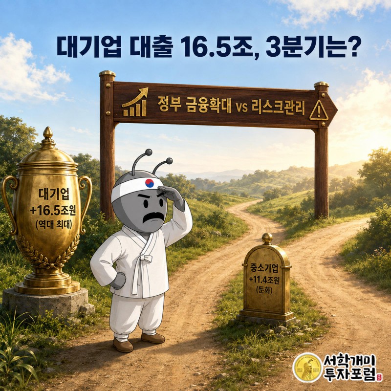 부자개미가 대기업 대출 역대 최대 표지판 옆 갈림길에서 정부 금융확대와 리스크관리 이정표를 살피는 모습