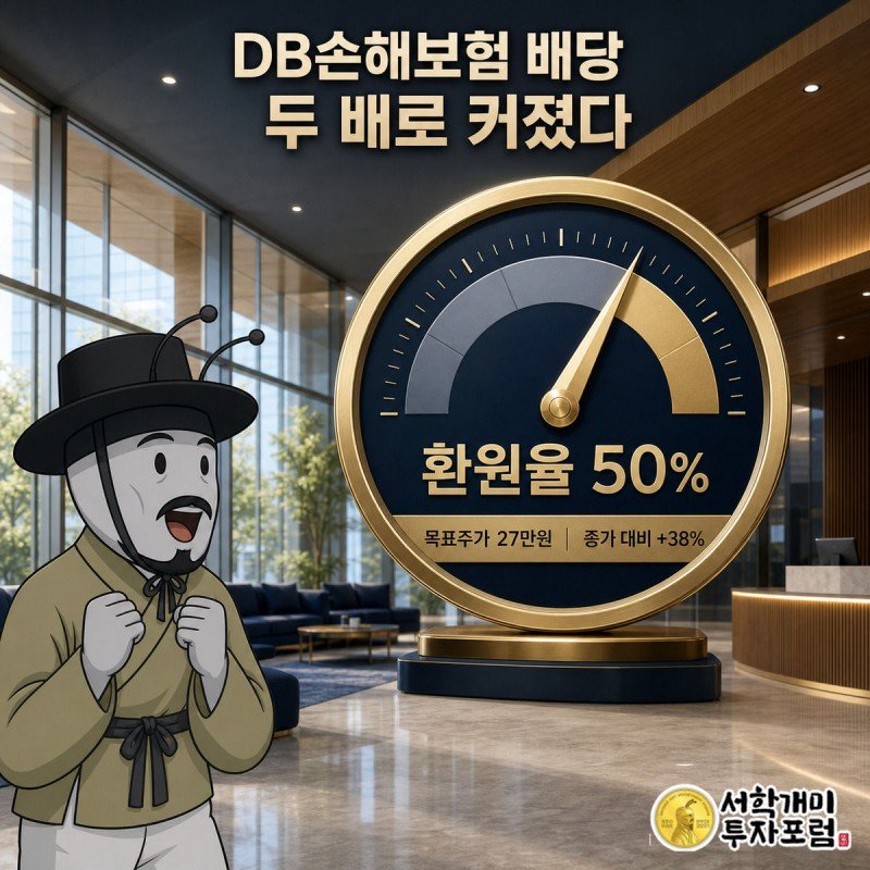 DB손해보험 사옥 로비에서 서민개미가 25%에서 50%로 움직이는 대형 환원율 게이지를 놀란 표정으로 가리키는 그림