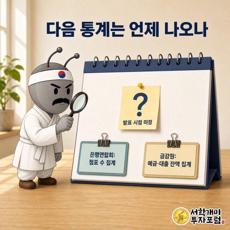 개미가 돋보기로 달력의 물음표 칸을 들여다보며 다음 통계 발표일을 확인하는 장면
