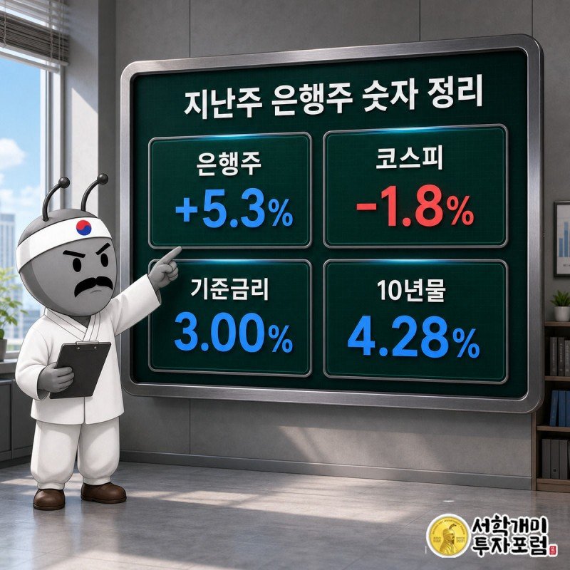 은행주 상승률, 코스피 하락률, 기준금리, 10년물 국채금리 네 수치를 정리한 데이터 보드 그림