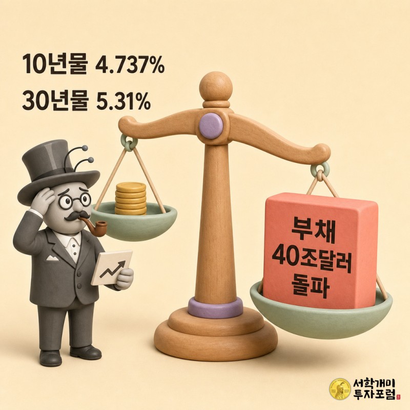 저울 한쪽에는 작은 동전 더미가, 반대쪽에는 커다란 코랄색 블록이 무겁게 가라앉아 있고 그 옆에서 개미 캐릭터가 위로 꺾인 화살표 카드를 들고 걱정스러운 표정을 짓고 있는 소프트 클레이 3D 일러스트.