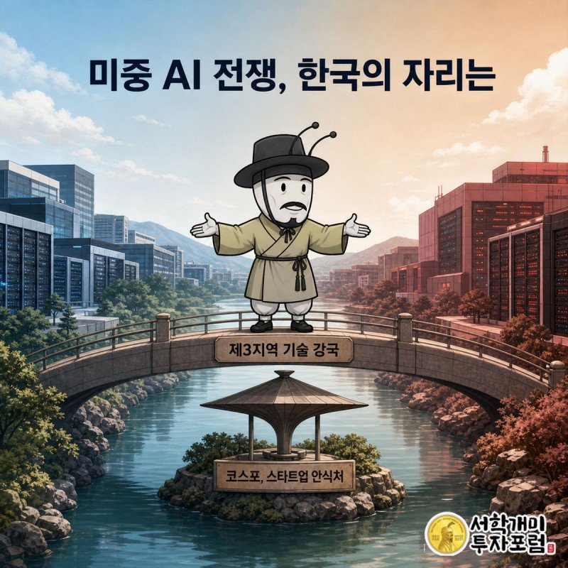 청색 톤 서버룸과 붉은 톤 데이터센터 사이 다리 위에 부자개미가 자신 있게 서서 양쪽을 가리키는 모습