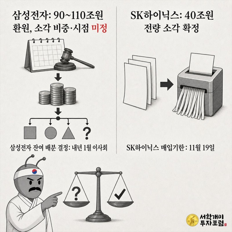삼성전자와 SK하이닉스의 주주환원 계획을 확정 여부와 일정 기준으로 비교한 신문 내지 표 삽화