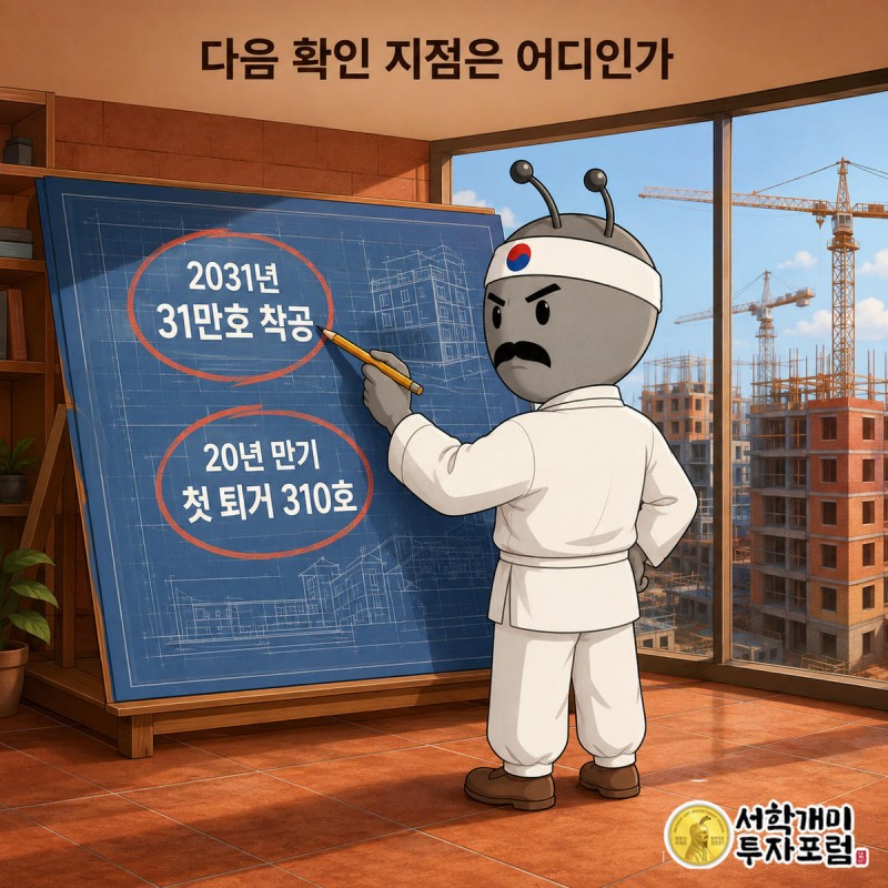 개미가 청사진 위에 다음 일정을 표시하고 뒤로 공사 현장 크레인이 보이는 장면