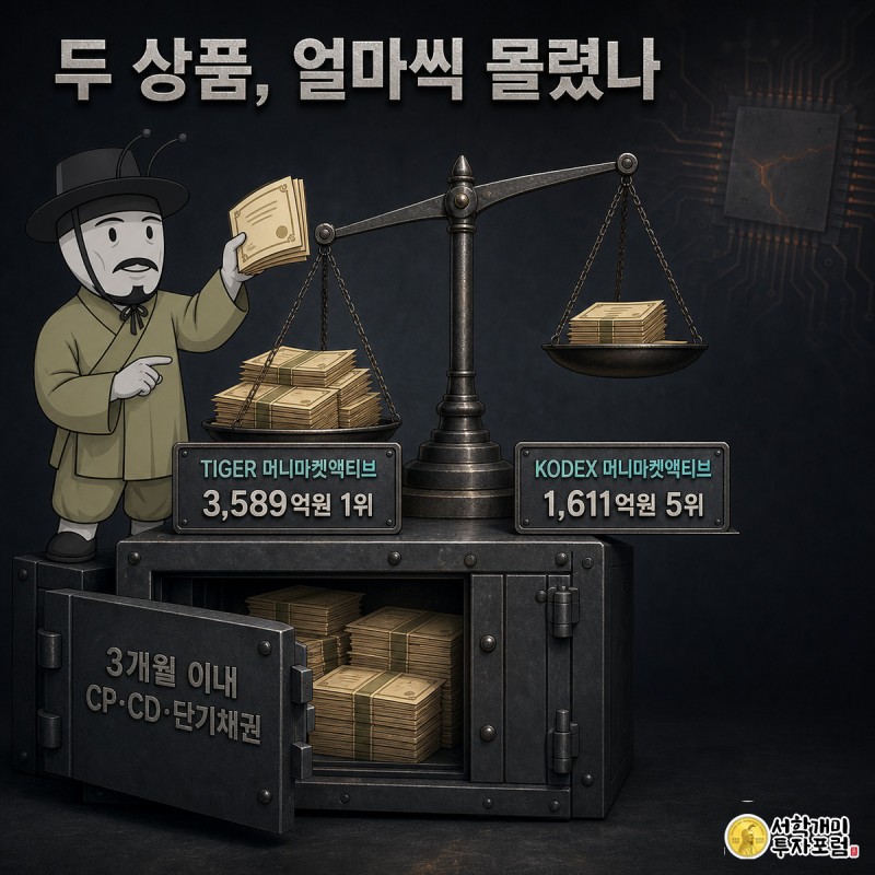 금고 위 저울에서 TIGER와 KODEX 배지를 각각 얹은 접시에 개미들이 CP·CD 증서를 쌓아 유입액을 비교하는 모습
