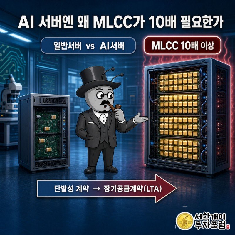 일반 서버와 AI 서버에 박힌 MLCC 칩 개수를 비교하는 좌우 대비 장면