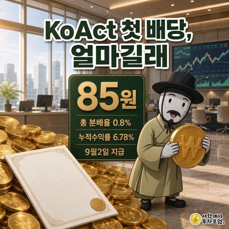 개미 캐릭터가 KoAct 고배당액티브 증권카드가 얹힌 금빛 동전 더미를 놀란 표정으로 껴안고 있는 그림