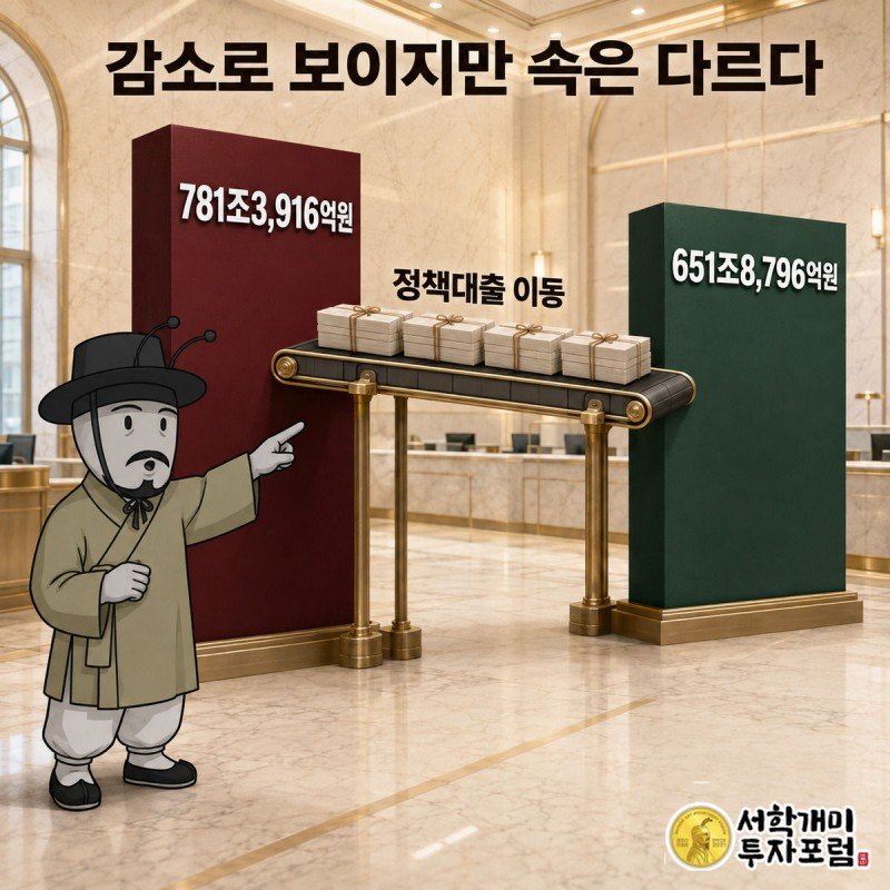 전체 가계대출 막대는 내려가고 정책대출 제외 막대는 올라가는 가운데 컨베이어벨트로 정책대출이 주택금융공사 상자로 옮겨지는 그림