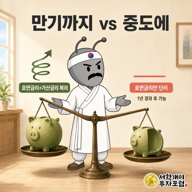 만기까지 보유한 복리 저금통과 1년 전 중도환매한 단리 저금통을 개미가 비교하는 모습