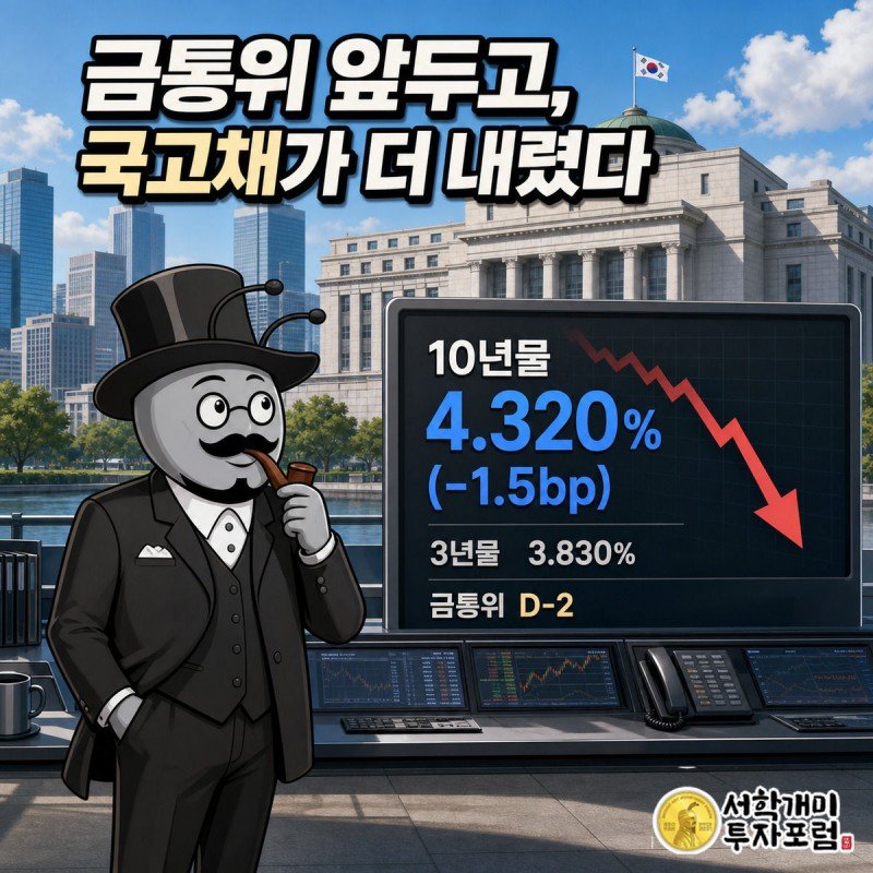 여의도 금융가를 배경으로 부자개미가 전광판의 국고채 금리 하락 화살표를 가리키며 놀라는 모습