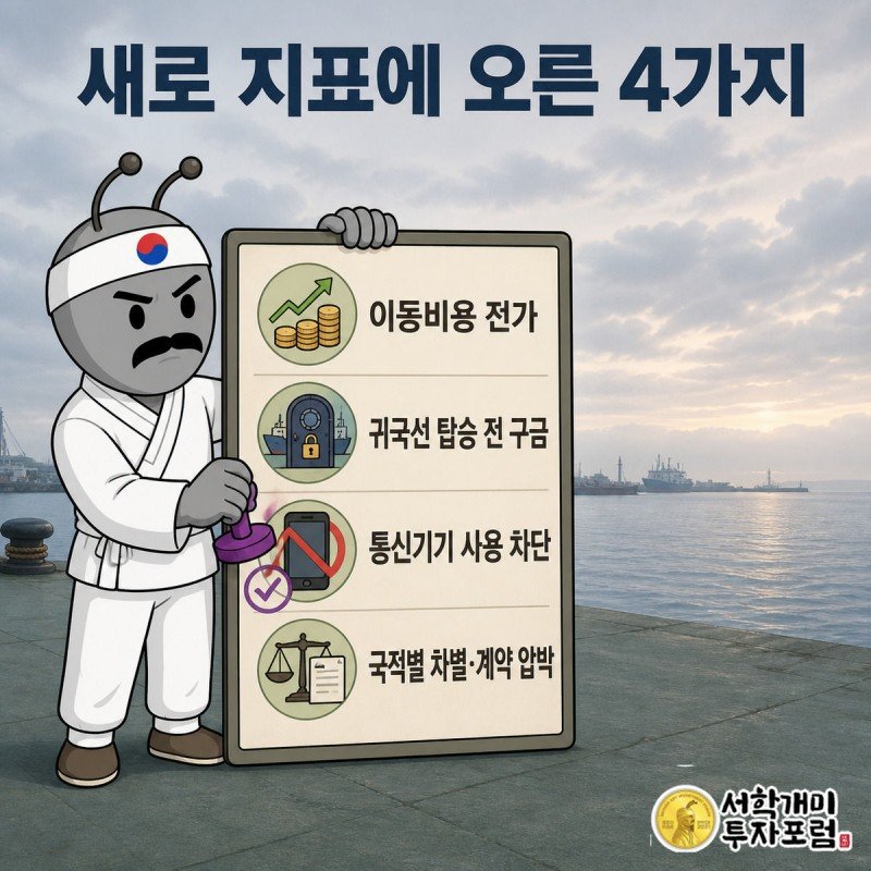 양반개미가 부두에서 체크리스트 판에 그려진 네 가지 새 인신매매 식별 항목에 도장을 찍는 인포그래픽
