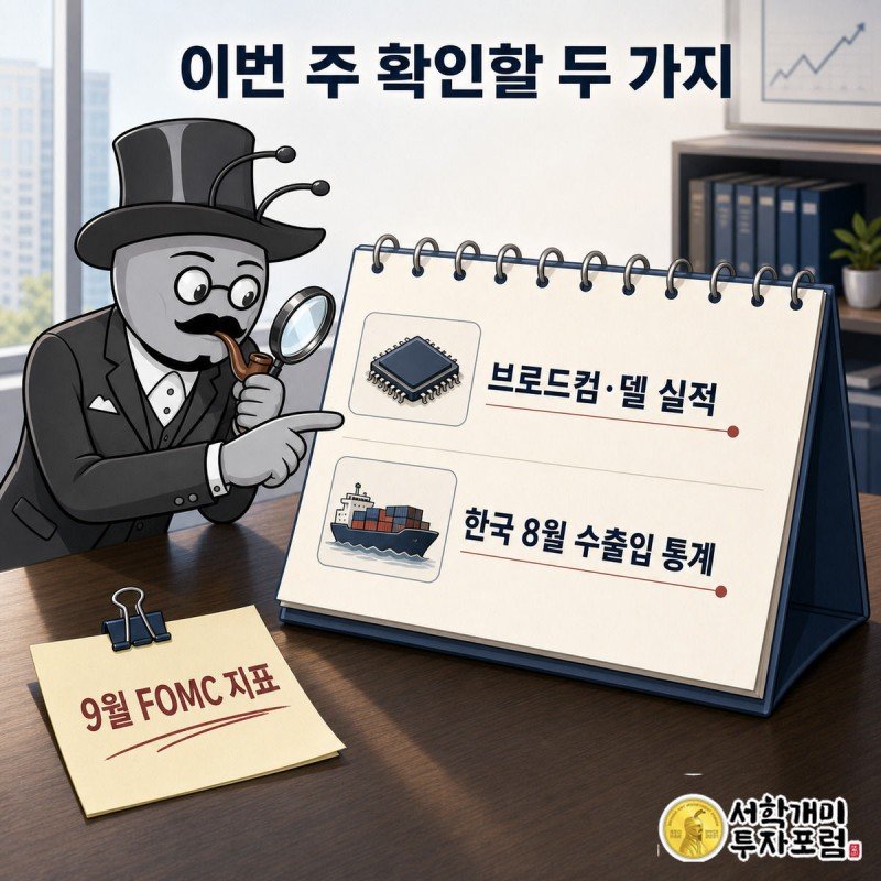 개미가 돋보기로 탁상 달력을 살피며 브로드컴·델 실적과 한국 수출입 통계 발표일을 확인하는 모습