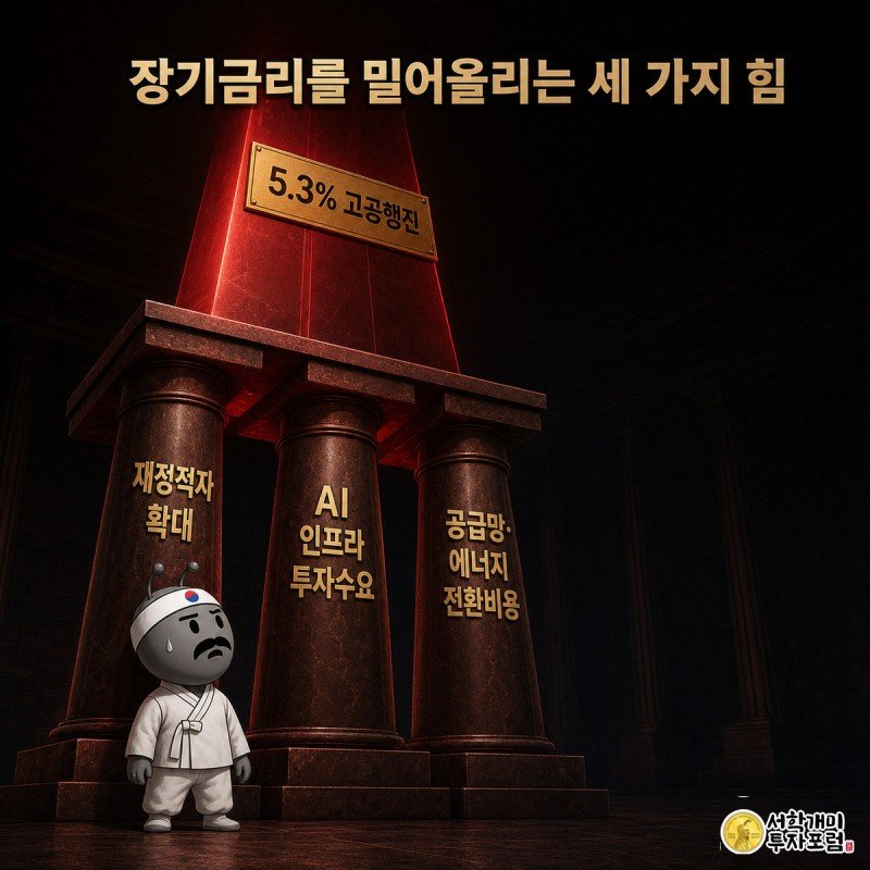 재정적자, AI 인프라 투자, 공급망·에너지 전환이라는 세 기둥이 5.3%까지 치솟은 금리 막대를 떠받치고, 개미가 그 밑에서 놀란 표정으로 올려다보고 있다