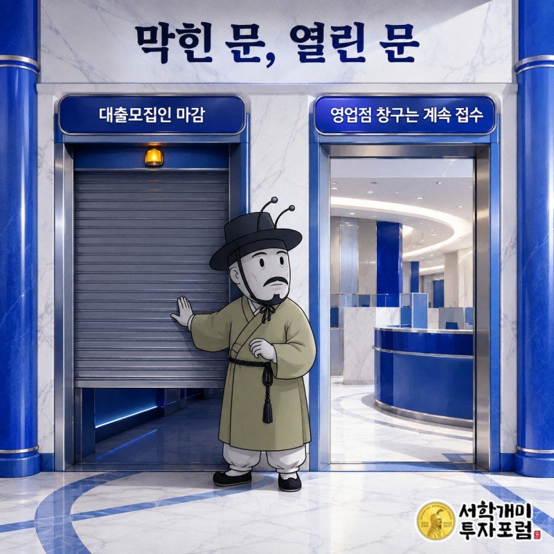 신한은행 로비에서 대출모집인 창구는 셔터가 내려오고 영업점 창구는 그대로 열려 있는 모습을 비교한 그림
