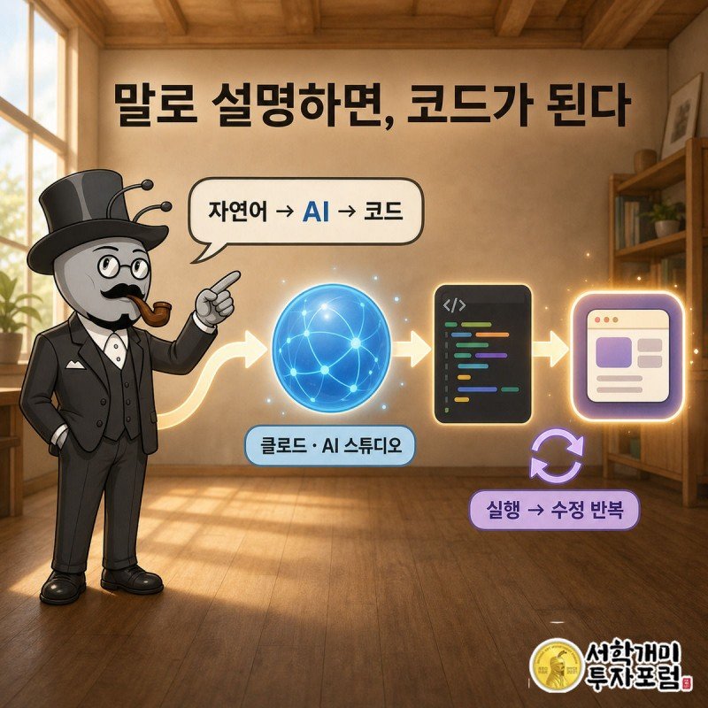 서민개미의 말풍선 문장이 화살표를 따라 빛나는 AI 아이콘과 코드 화면을 거쳐 완성된 앱 아이콘으로 이어지는 흐름을 보여주는 장면.