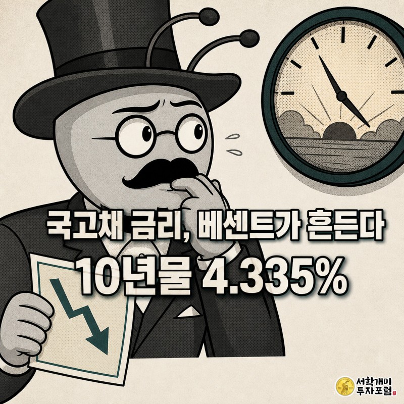 새벽 발표를 앞두고 초조하게 국채 증서를 쥔 채 벽시계를 바라보는 개미 캐릭터 클로즈업.