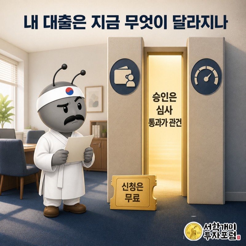 서민개미가 대출 서류를 들고 소득·신용점수 팻말이 걸린 좁은 심사 문을 의심스러운 표정으로 올려다보는 그림
