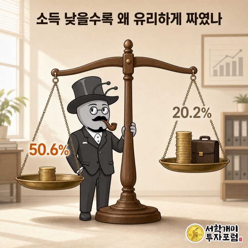 소득이 낮은 가입자와 높은 가입자의 국민연금 소득대체율 격차를 저울로 비교한 인포그래픽
