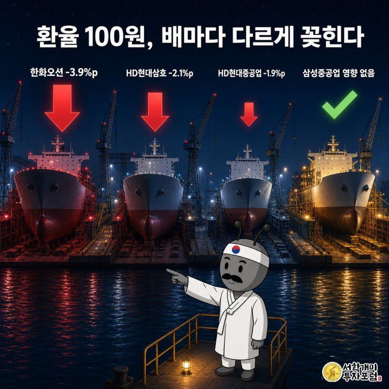 조선소 도크 네 곳이 나란히 늘어선 장면에서 세 척의 배 위로 하락 화살표가 꽂히고 마지막 배만 무사히 빛나는 가운데 개미가 안도하며 손가락으로 가리키는 그림