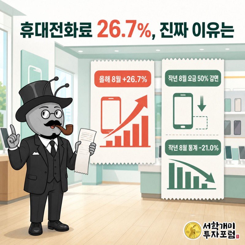 작년 50% 할인 도장이 찍힌 고지서와 올해 정상 요금 고지서를 비교하며 깨닫는 표정의 서민개미
