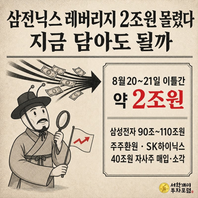 삼전닉스 레버리지 ETF에 이틀간 2조원이 몰렸다는 신문 1면 헤드라인과 개미 삽화.