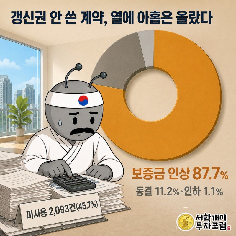 계약서 더미 앞에서 계산기를 두드리는 서민개미와 87.7퍼센트를 강조한 도넛 그래프