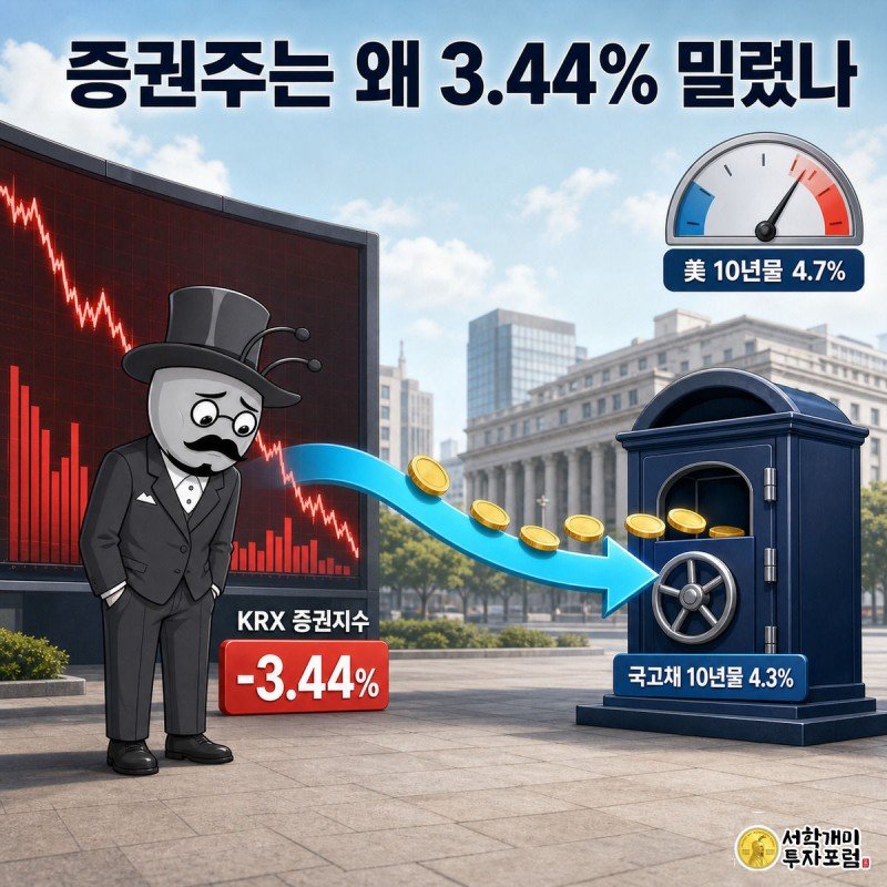 개미가 붉게 꺼져가는 주식 시세판 앞에서 낙담해 있고, 자금이 주식에서 금고 모양 채권함으로 빠져나가는 화살표와 국채 10년물 금리 게이지가 함께 그려진 그림