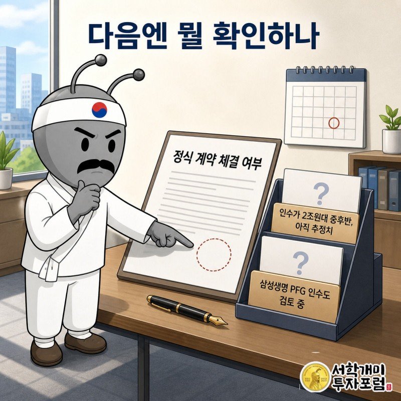 양반개미가 계약서의 빈 도장 자리를 가리키며 정식 계약 체결 여부를 신중하게 살피는 장면