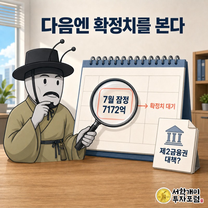 달력의 발표일을 돋보기로 확인하며 7월 잠정치 확정 여부를 살피는 개미의 그림