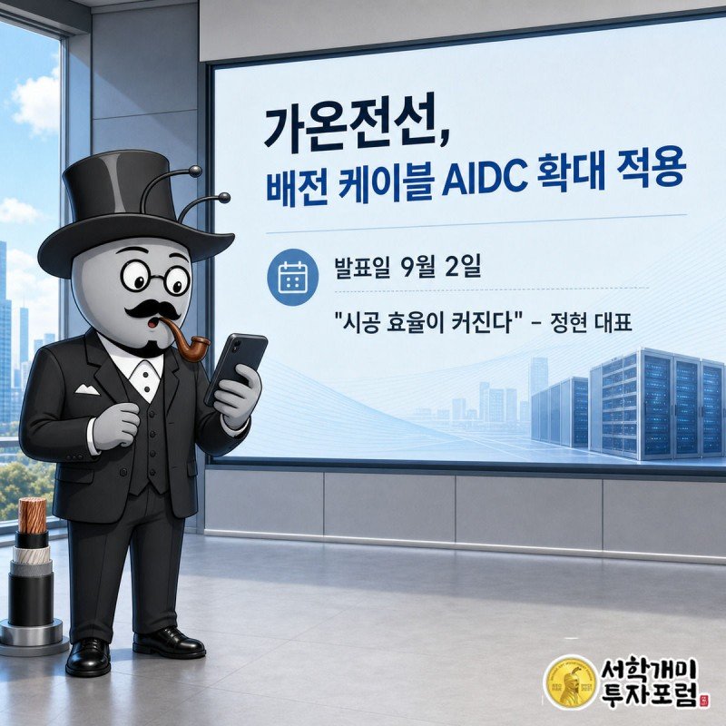 서민개미가 가온전선의 저마찰 케이블 AIDC 확대 적용 발표 화면을 올려다보며 놀라는 모습