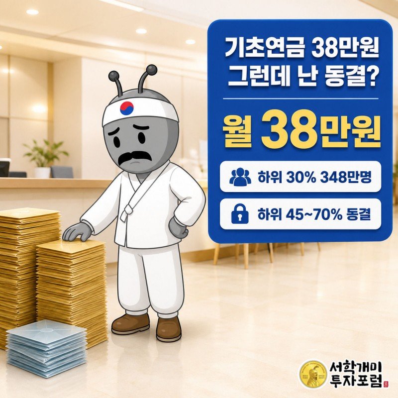 복지센터를 배경으로 서민개미가 금빛 지폐 봉투와 서리 낀 채 동결 도장이 찍힌 지폐 봉투를 번갈아 살피며 낭패한 표정을 짓고, 화면 중앙에 코발트블루 위젯으로 월 38만원이라는 핵심 수치가 표시되어 있다.
