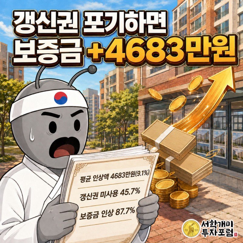 전세 계약서에 포기 도장이 찍히고 그 옆에서 보증금 인상액을 나타내는 돈다발이 쌓이는 모습에 놀란 서민개미